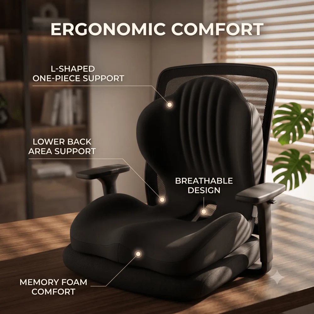 Ergonomic Memory Foam Seat Cushion For Office Chair - Premium Desk Chair Pad For Long Sitting Pressure Relief & Posture Support