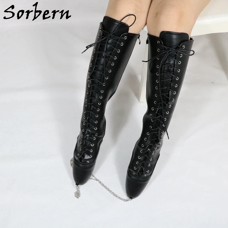 Sorbern kobieta buty 18CM ekstremalne szpilki moda fetysz Goth balet buty Zip pasek z klamrą buty do kolan