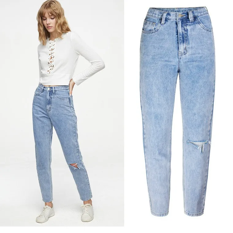 Europe and The United States Casual Water Washing Ripped Jeans,Women's Spring and Autumn New Fashion High-waisted Straight Pants