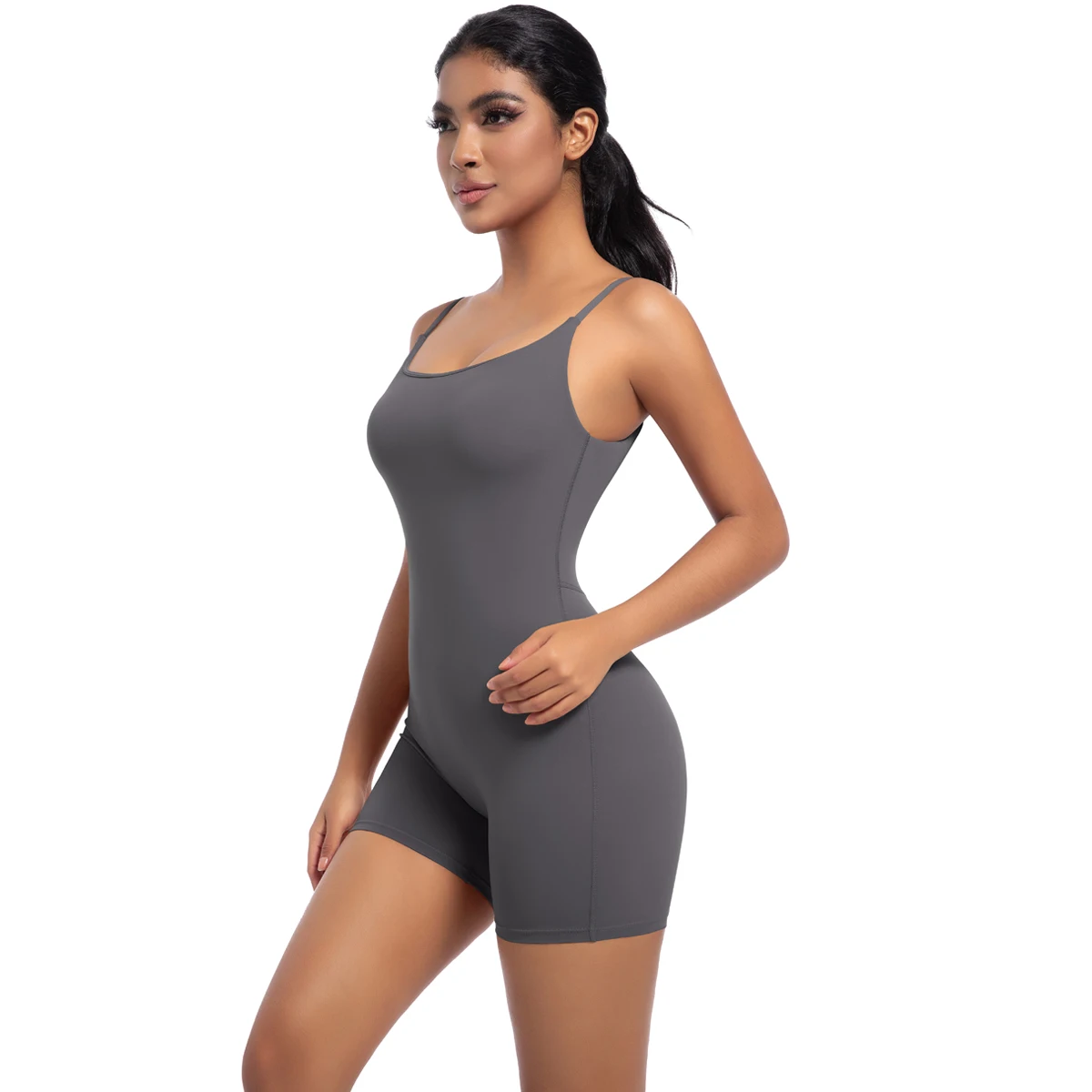 Hochfester Trainings-Stretch-Bodysuit für Frauen, Einteiler, schnelltrocknend, Hüft-Push-Up, Fitness-Shorts, Träger-Jumpsuit – Detail 9