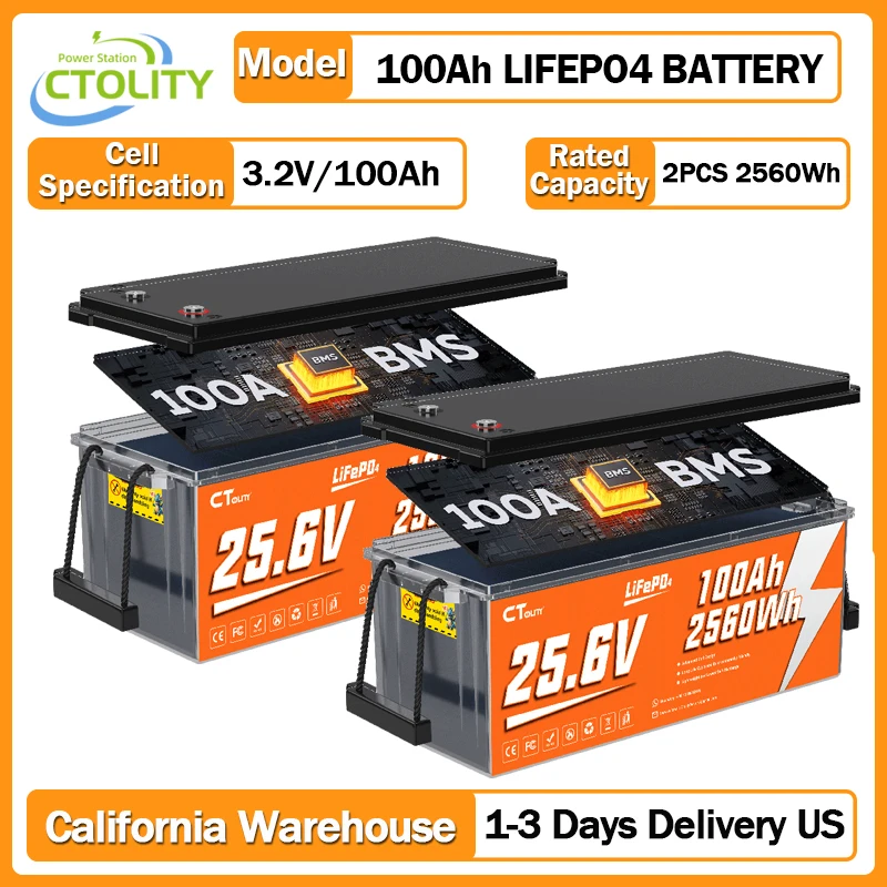 

CTOLITY 2560Wh LiFePO4 Battery 25V Rechargeable Batteries 100A BMS For Series Parallel RV Boat Motors Solar Energy CT100-25