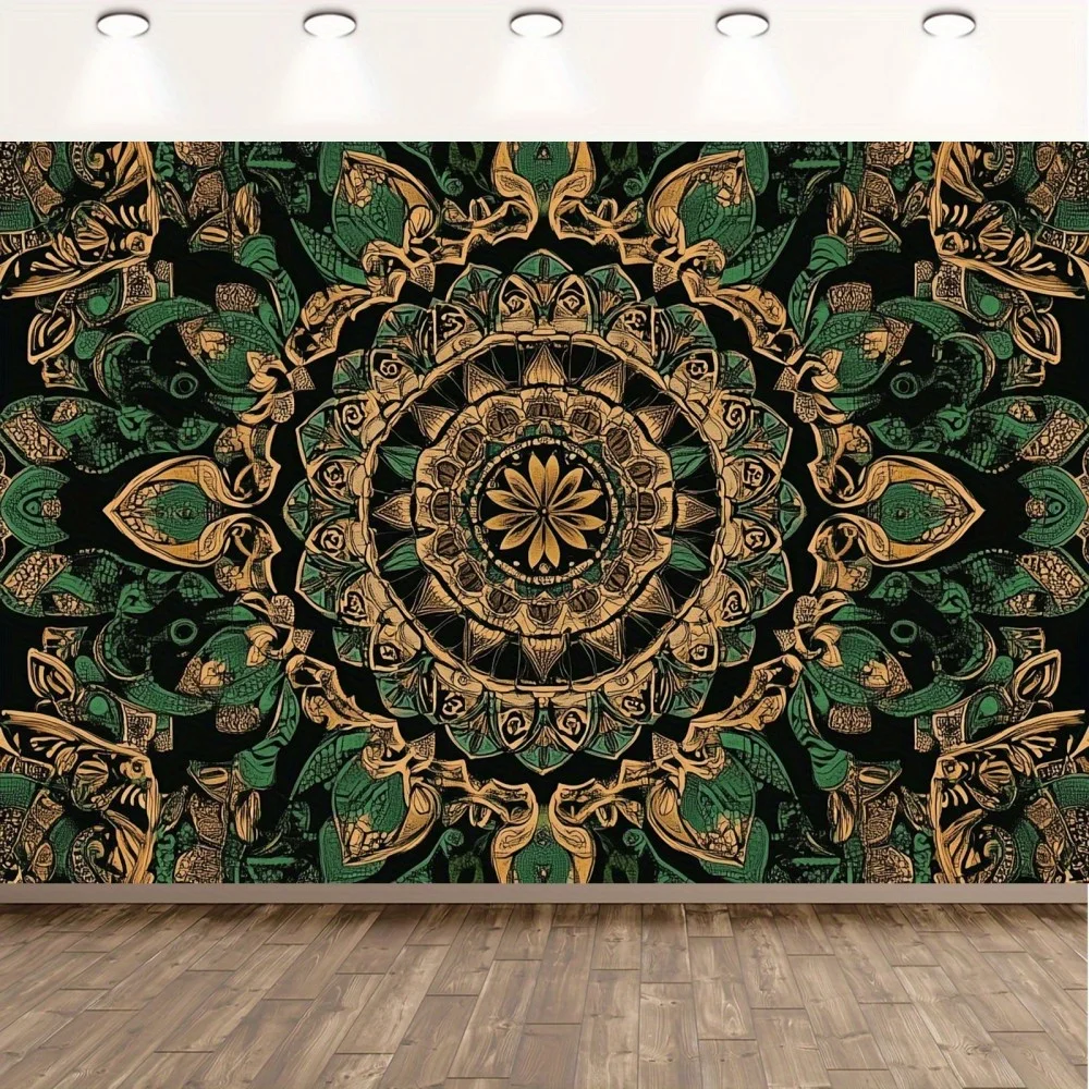 1pc Tapiz de poliéster bohemio, diseño floral verde y paisley, colgante de pared rústico para inauguración de casa, aniversario,