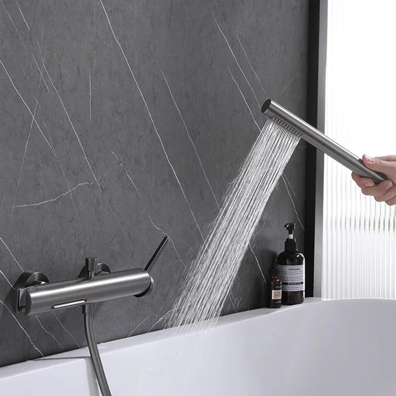 Minimalist Bath Gun Gray Simple Shower Head, Bathtub Faucet Full Copper Hot and Cold Dual-Use Mixing Valve