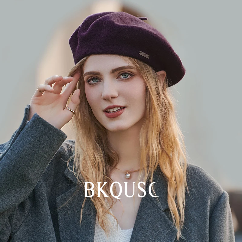 Women\'s Beret Purple Wool Hats 55-58cm Female Fashion Casual Wool Berets Winter Warm Solid Color French Artist Painter Hat