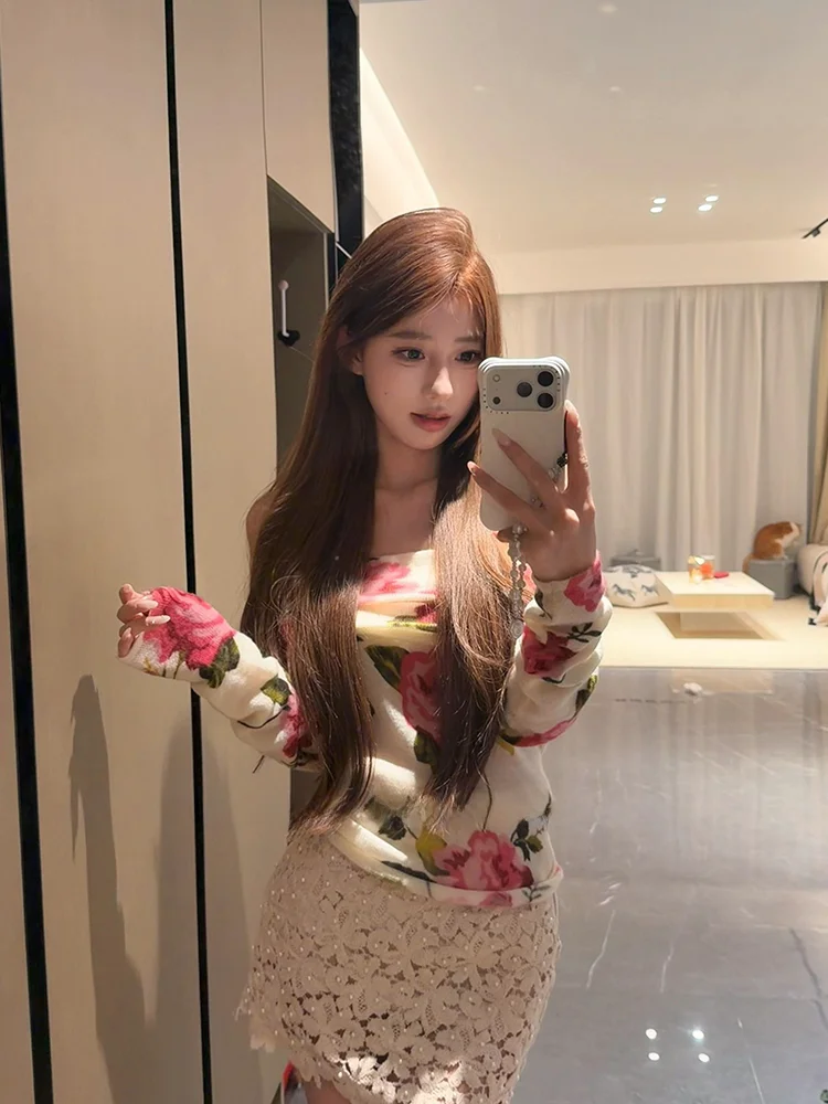 

Ele Knitted oulder Bared Sweater Women's Sle Rose Print One oulder Long Sve Casual Wear Outerwear Spring Faion