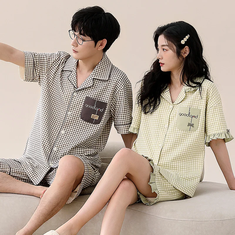 Couple Pajama Set Summer Turn-down Collar Short Sleeve Pyjamas 100% Cotton Men and Women Sleepwear