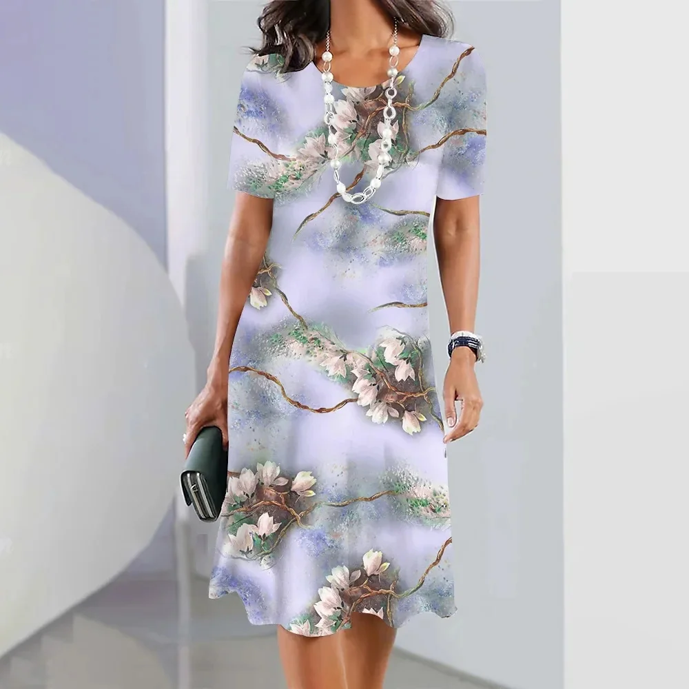 Zerkleinerte Blume Gedruckt Frau Kleid Elegante Kleider Für Frauen Sommer Urlaub Kurzarm Oansatz Kleidung 2024 Lose Streetwear