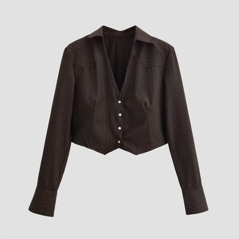 

Spring Summer Women Cropped Striped Jacket with Shoulder Pads Fashion V Neck Long Sleeves Button Lady Coat Female Chic Tops