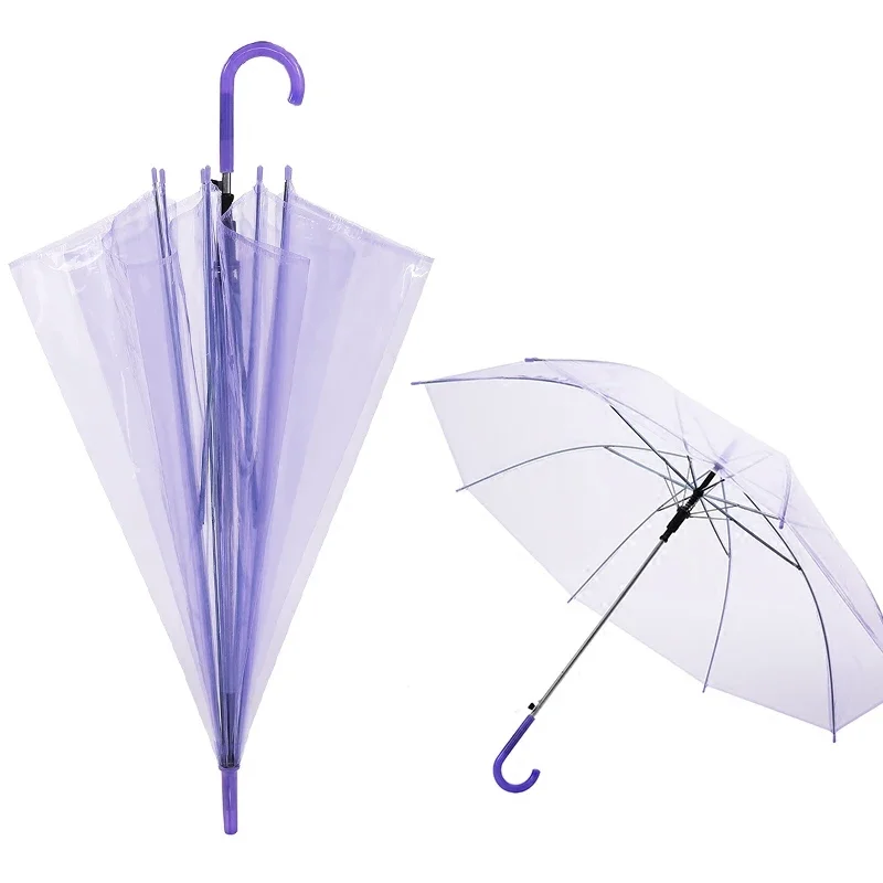 10PCS Clear Transparent Umbrella PVC Dome Umbrellas Adult Long Handle Straight Small Umbrella for Wedding Party Performance