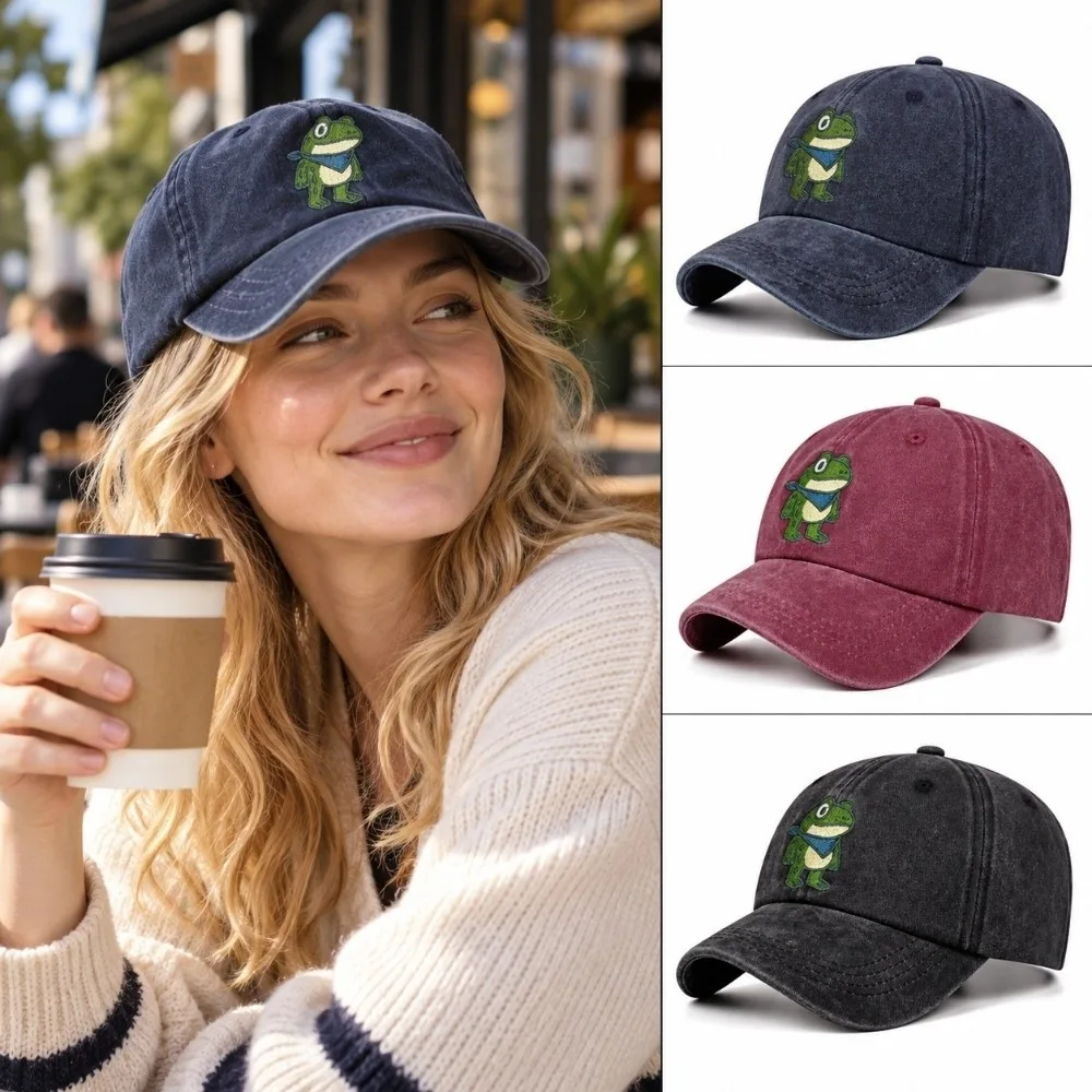 Stylish Vintage Washed Cotton Baseball Cap Retro Sun Protection Frog Embroidery Dad Hat Outdoor Sun Hat For Men Women