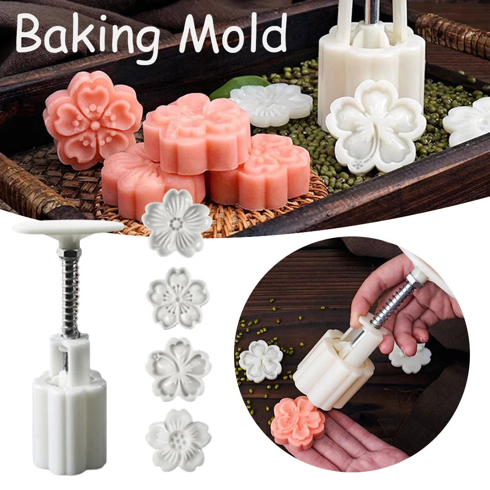 4pcs/Set 3D Cherry Flower Mooncake Mould With Cookie Stamps DIY Hand Pressure Fondant Moon Molds Chinese Traditional Cake Mold