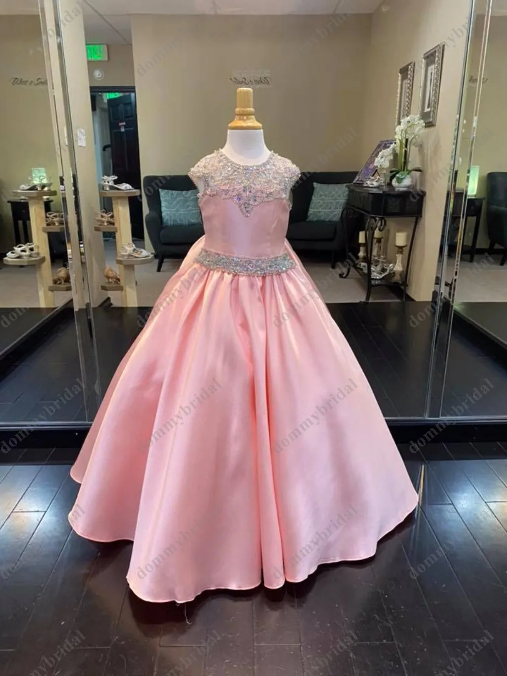 Elegant Pink Ball Gown Jewel Sheer Neck Girls Pageant Prom Formal Dresses for Little Girl Toddler Teen Juniors Satin Beads