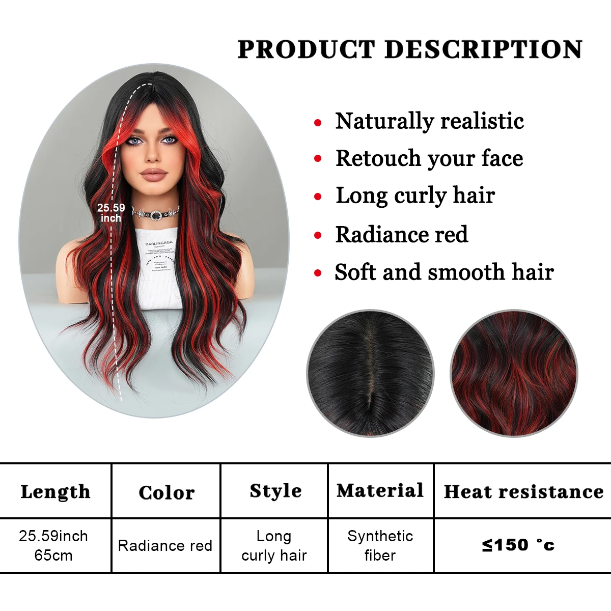 PARK YUN Long Loose Curly Black Highlight Reddish Wigs Middle Part Heat Resistant Synthetic Hair Wigs with Curtain Bangs