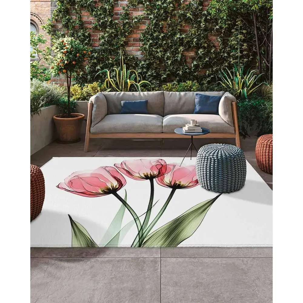 

Весенние розовые тюльпаны на белом уличном коврике, 5x8 футов, зеленые листья, моющиеся, подходят для патио, террасы и заднего двора