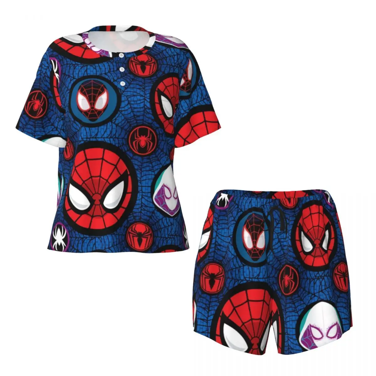 Custom Print Women Animated Anime Spider Man Pajamas Set Spider Web 2 Piece Pjs Sets Short Sleeve Sleepwear Loungewear