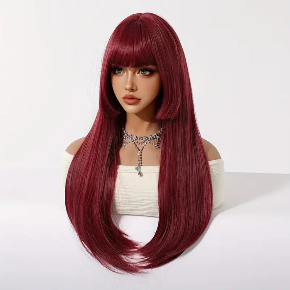 GEMMA Synthetic Wine Red Long Straight Hair Wig with Bangs Princess Cut Burgundy Cosplay Lolita Wigs for Women Heat Resistant