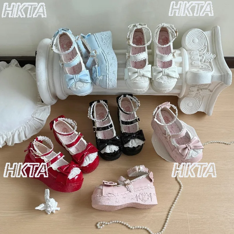 Japanese Cute Sweet Elegant Heavy Industry Lace Bow Lolita Shoes Kawaii Heighten Platform Heel Shoes White High Heel Pumps Women