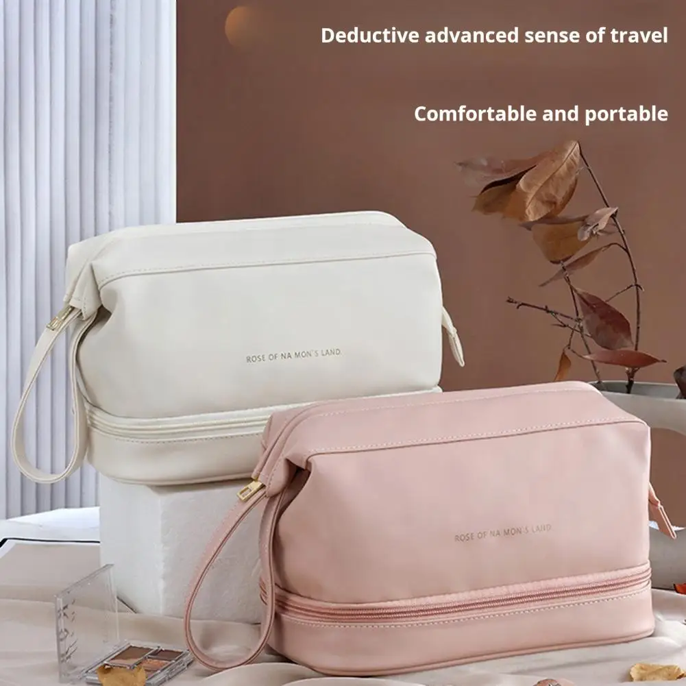 Trousse de maquillage imperméable à double couche avec ouverture, sac cosmétique, poudres de toilette, capacité pour les articles de toilette de voyage