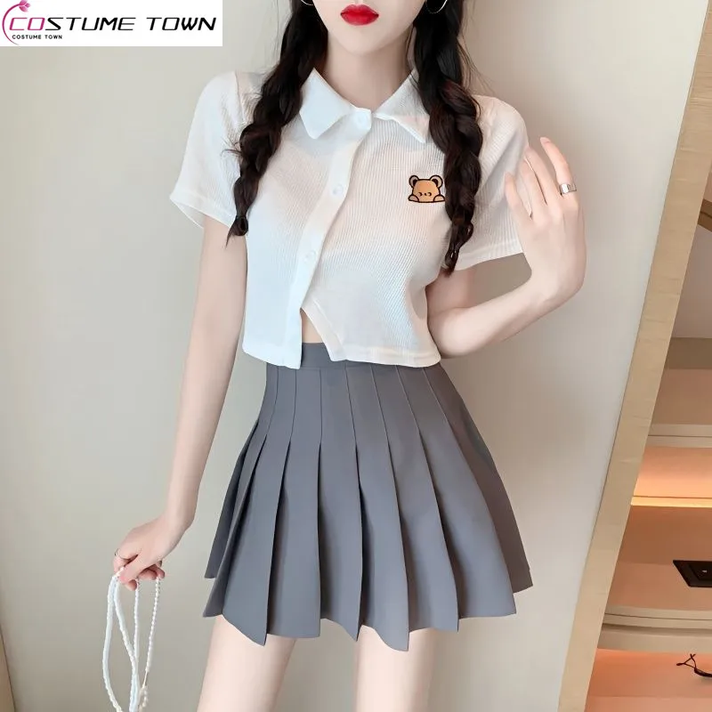 

2023 Spring and Summer New Korean Fashion Suit Polo Collar Diagonal Button T-shirt+high Waist Pleated Skirt Two-piece Set