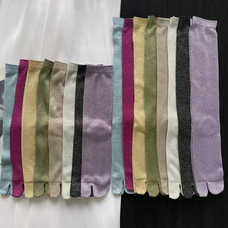 Summer Chic Fashion Ultra-Thin Split Toe Woman Socks Candy Color Colorful Golden Silk Stripe Two-Toed Japanese Harajuku Tabi Sox
