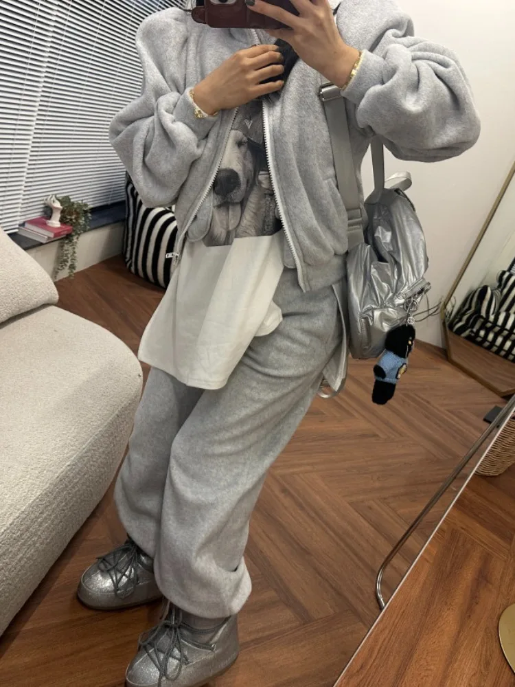 

Warm Fce Zipper Hoodie Jaet And Wide Leg Pants Two Piece Set Dongda Gate Winter New Arrival Women's Korean Sle Clothes