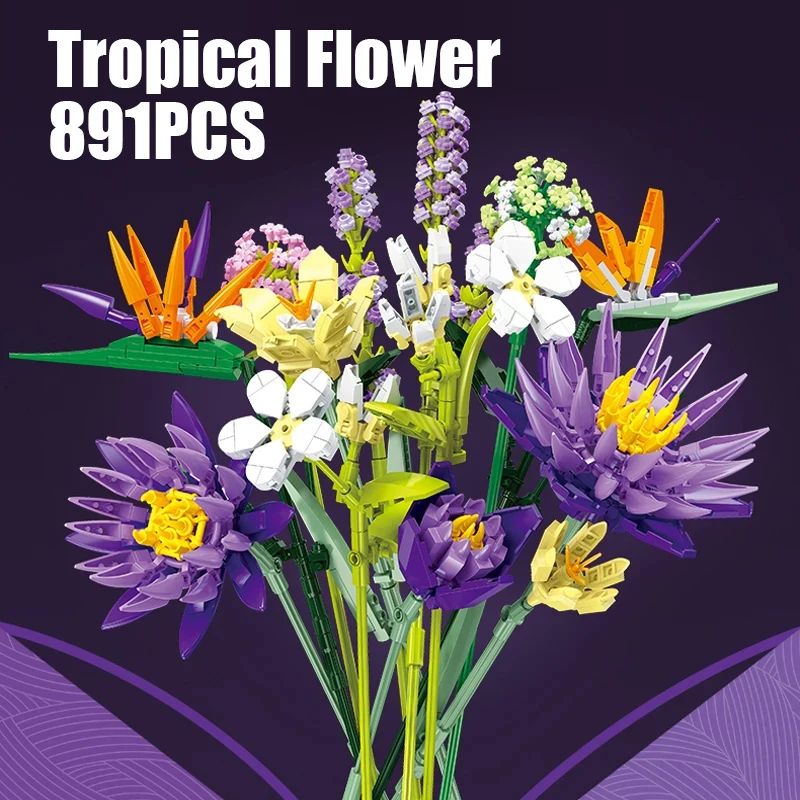 891PCS Tropical Flower Bouquet Building Blocks Toys Home Decor Ornament DIY Plant Assembly Sets Bricks Toys Creative Gift