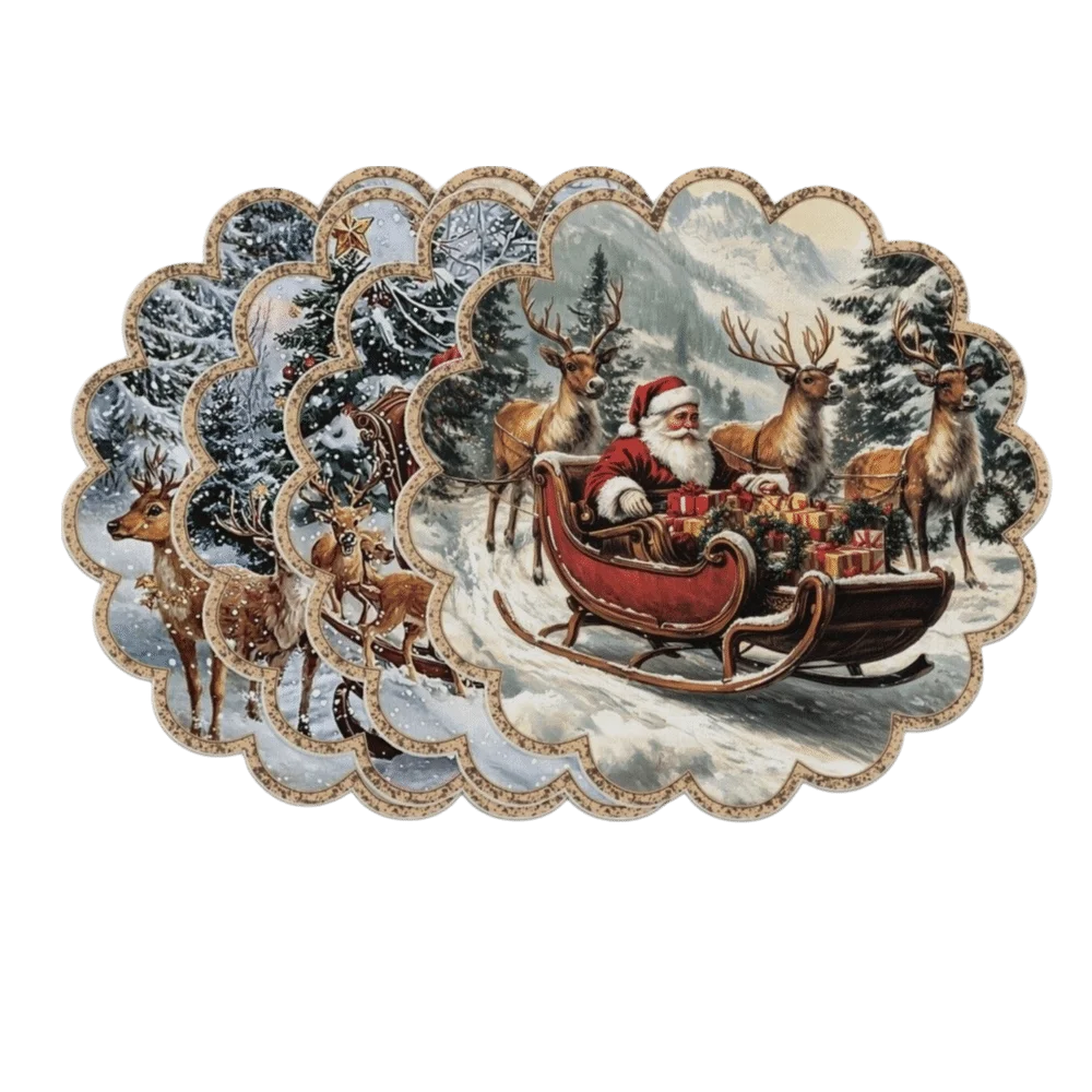 4pcs Santa Claus Christmas Table Placemat Snowman Elk Coaster Round Dining Mat Non Slip Tree Coffee Cup Mats Holiday Dining