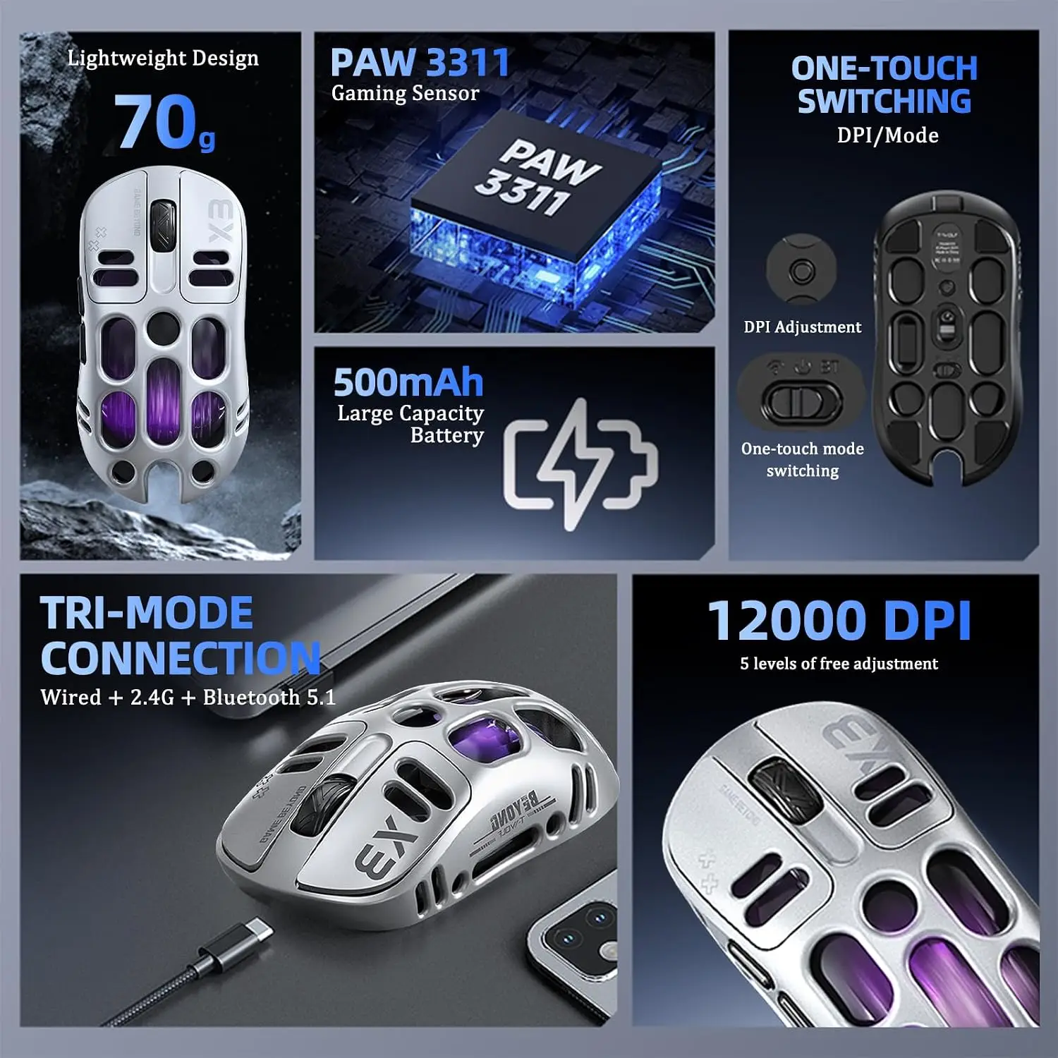 X3 Wireless Gaming Mouse with 70g Lightweight Hollowed Out Design – 12,000 DPI PAW 3311 Sensor, 6 Programmable Buttons