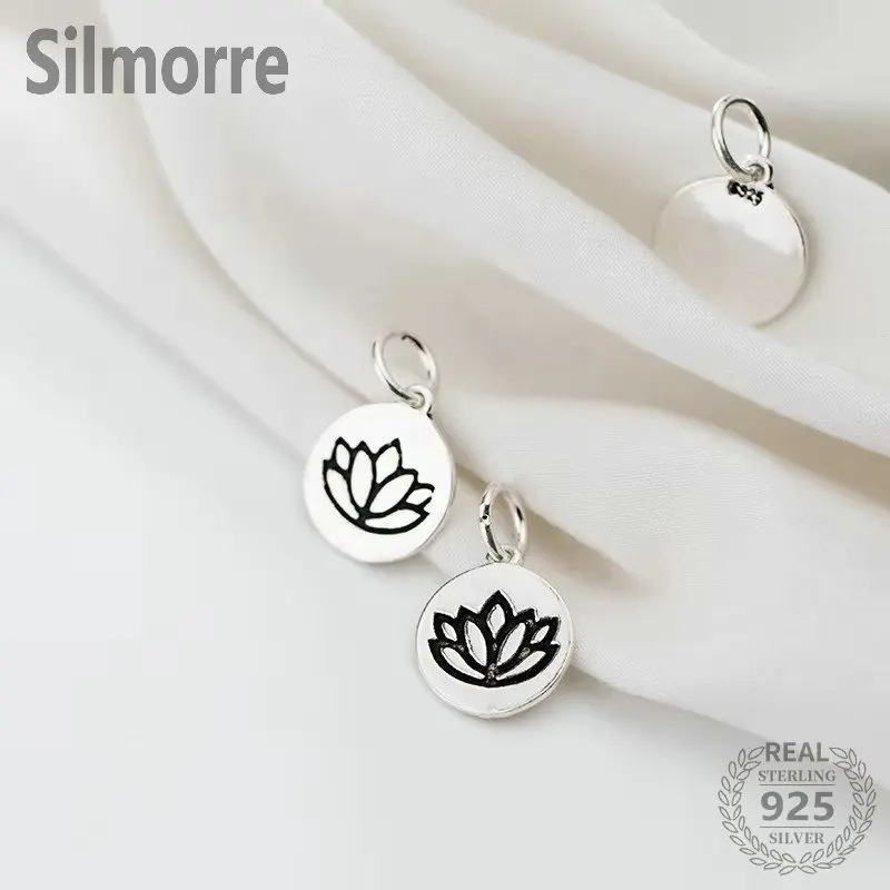 1PC 925 Sterling Silver Carve Lotus Round Shape Charm Pendant for DIY Bracelet Making Fine Jewelry Finding