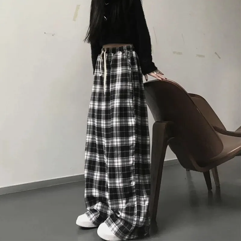 Harajuku Black and White Plaid Pants Women Summer Casual Wide Leg Trousers Korean Fashion Loose Straight Pants Y2k Bottom