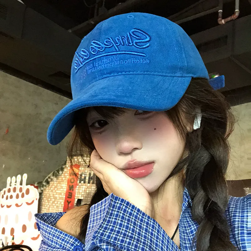 Blue Wide Brim Baseball Cap Letter Embroidery for Men Women Korean Style Sun-Shading Face Enhancing Big Head Circumfere