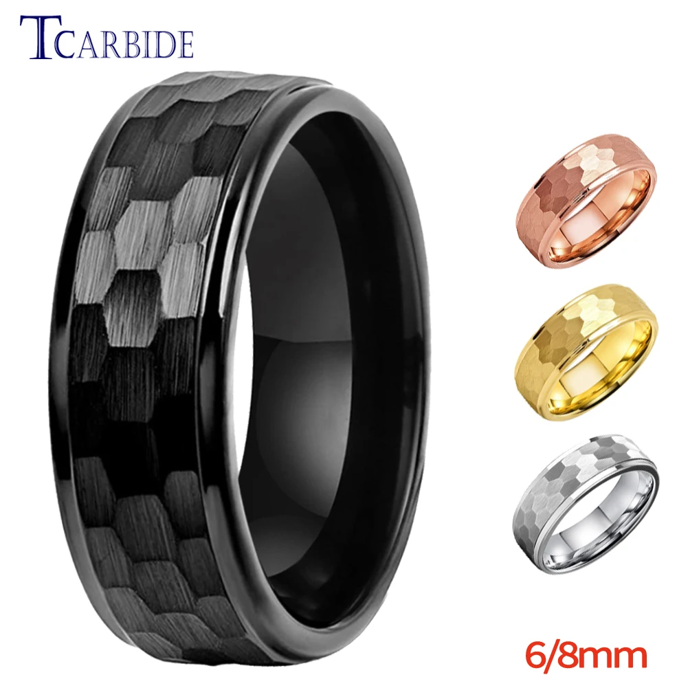 

Black Hammer Ring Tungsten Wedding Band For Men And Women Fashion Jewelry Domed Brushed 6MM 8MM Comfort Fit