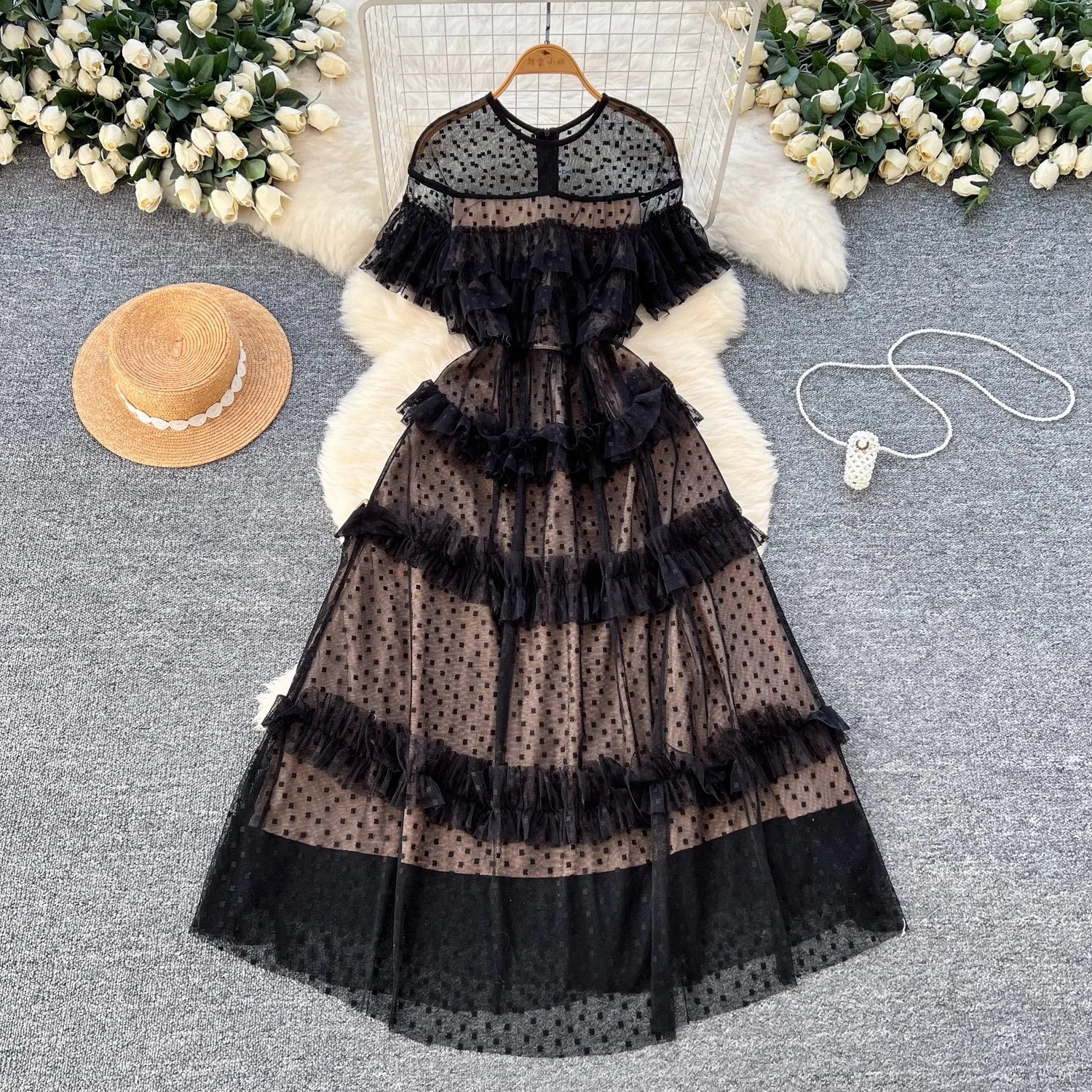 

Black Mesh Dress for Women Elegant Short Sleeve Tiered Ruffles Vintage Clothing Lady Streetwear Holiday Party Vestidos Dot