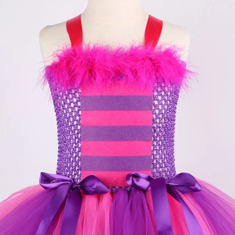 Alice in wonder chesuite cat girls tutu dress hot pink purple cartoon tulle girls party dress kids Halloween cosplay costume