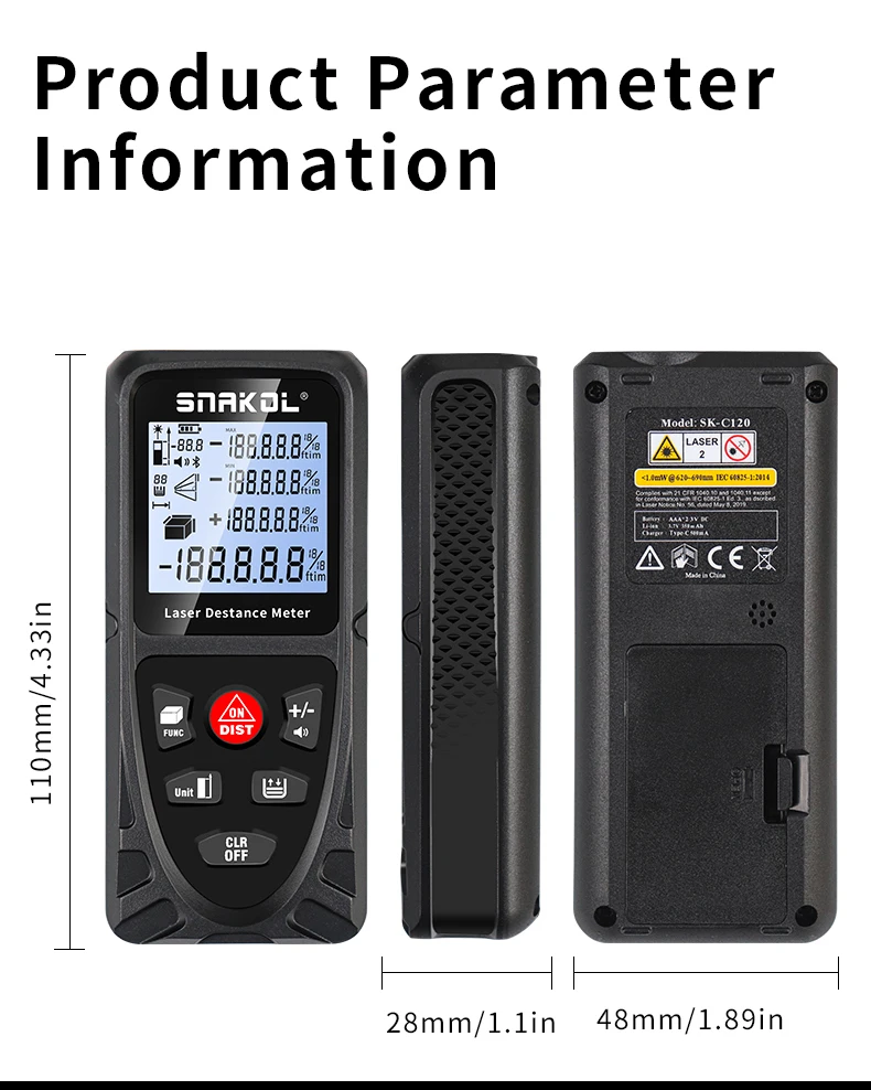 SNAKOL SK-120 Laser-Entfernungsmesser, 50/70/100/120 m hochpräziser Entfernungsmesser, IP54 wasserdichtes digitales Messwerkzeug – Detail 16