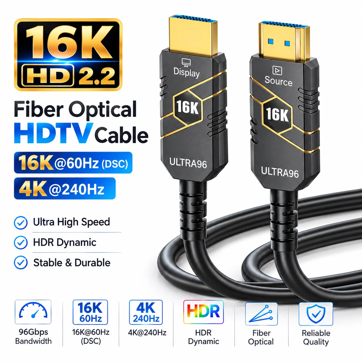 New 16K Fiber Optical HDTV 2.2 Cable 96Gbps 4K@240Hz 16K@60Hz HDR High Refresh PVC HDTV For RTX 5090/5080 PC Laptop Monitor HDTV