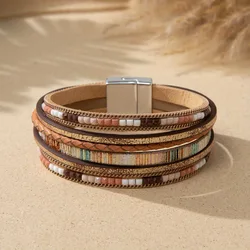 Bohemian Weed Beads Boho Pu Leather Stackable Handmade Braided Magnetic Clasp Women Wrap Bracelet Jewelry