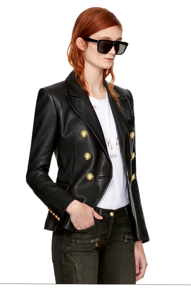 Lautaro Spring Autumn Short Elegant Luxury Pu Leather Blazer Women Long Sleeve Golden Buttons Double Breasted European Fashion