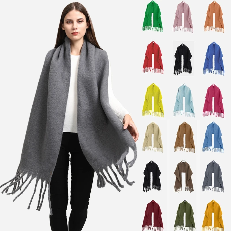 New Solid Color Women Scarf Female Winter Warm Thickened Long Scarves Fashion Soft Coarse Braid Tassel Shawl Simple Wrap Shawls