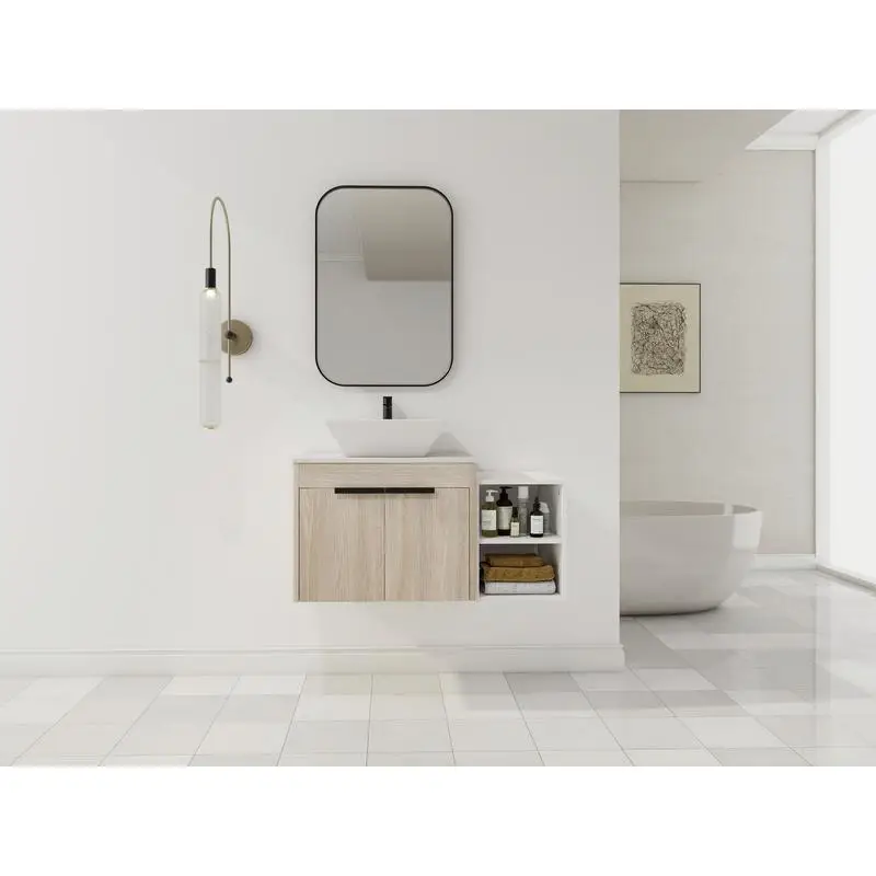 

36" Modern Design Float Bath Vanity w/ Ceramic Sink, White Stone Slab & Small Storage, Soft Close Door, KD Package