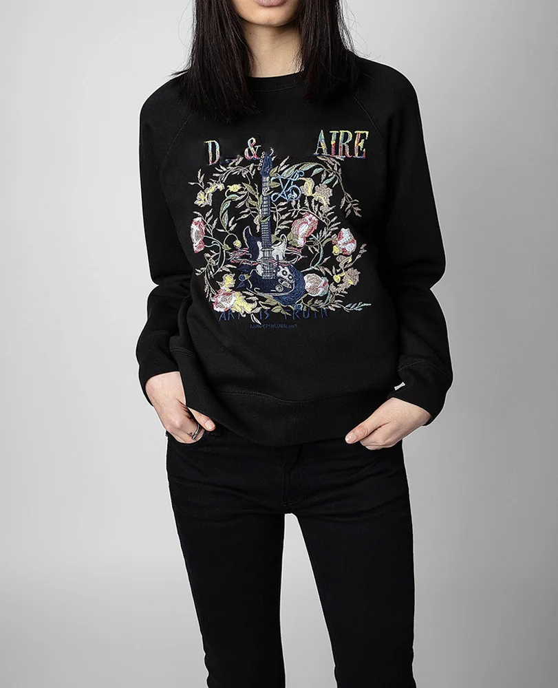 

Women's Embroidery Sweatshirt Crewneck Guitar Flower Embroideried Sweatshirt Luxury Fashion Casual Pullover Tops