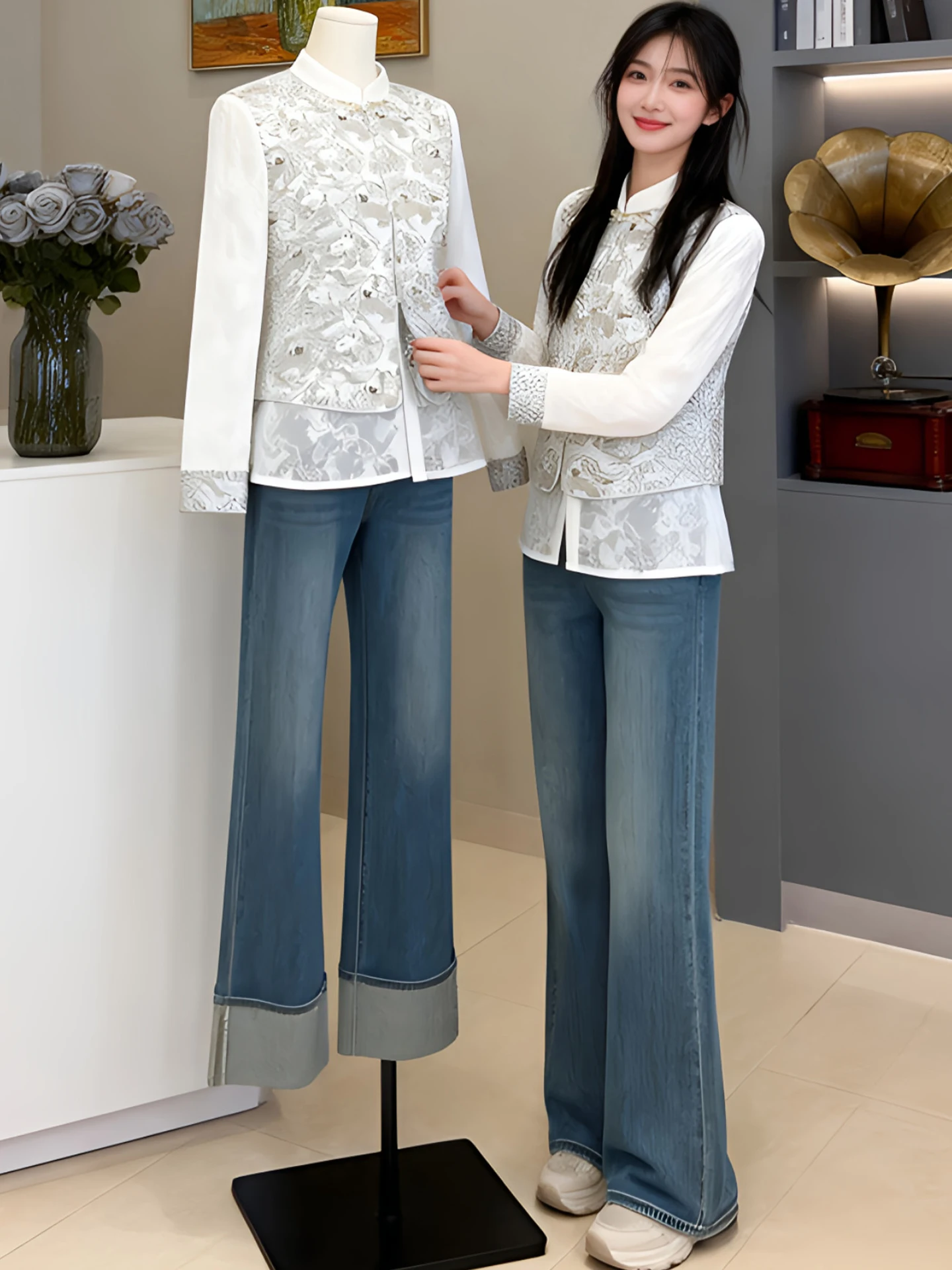 

Новая женская куртка-жилет в китайском стиле с вышивкой и пуговицами, весенне-осенняя, модная, высококачественная, имитация двухслойности, для повседневной носки, ветровка-рубашка