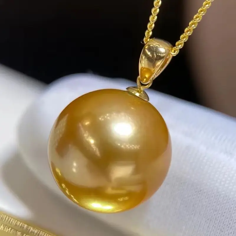 Natural Gold Pearl Pendant 13-14mm, 925 Silver Chains Jewelry for Women