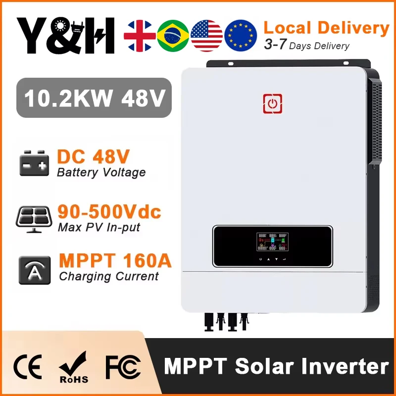 Y&H 10.2KW/6.2KW Solar Hybrid Inverter 48V 220V On Grid Pure Sine Wave Inverter MPPT 160A/120A Solar Charge Controller Dual AC