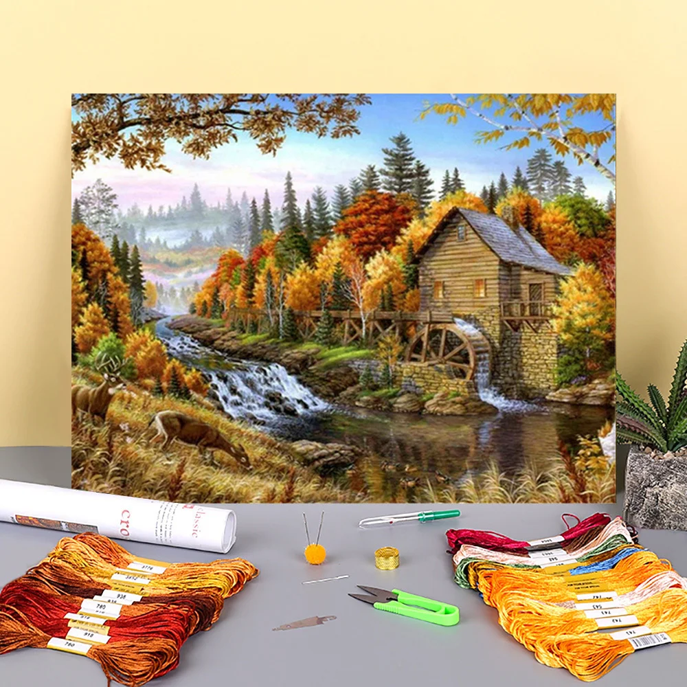 Landscape House DIY 11CT Cross Stitch Embroidery Kits Needlework Craft Set Printed Canvas Cotton Thread Home      Design