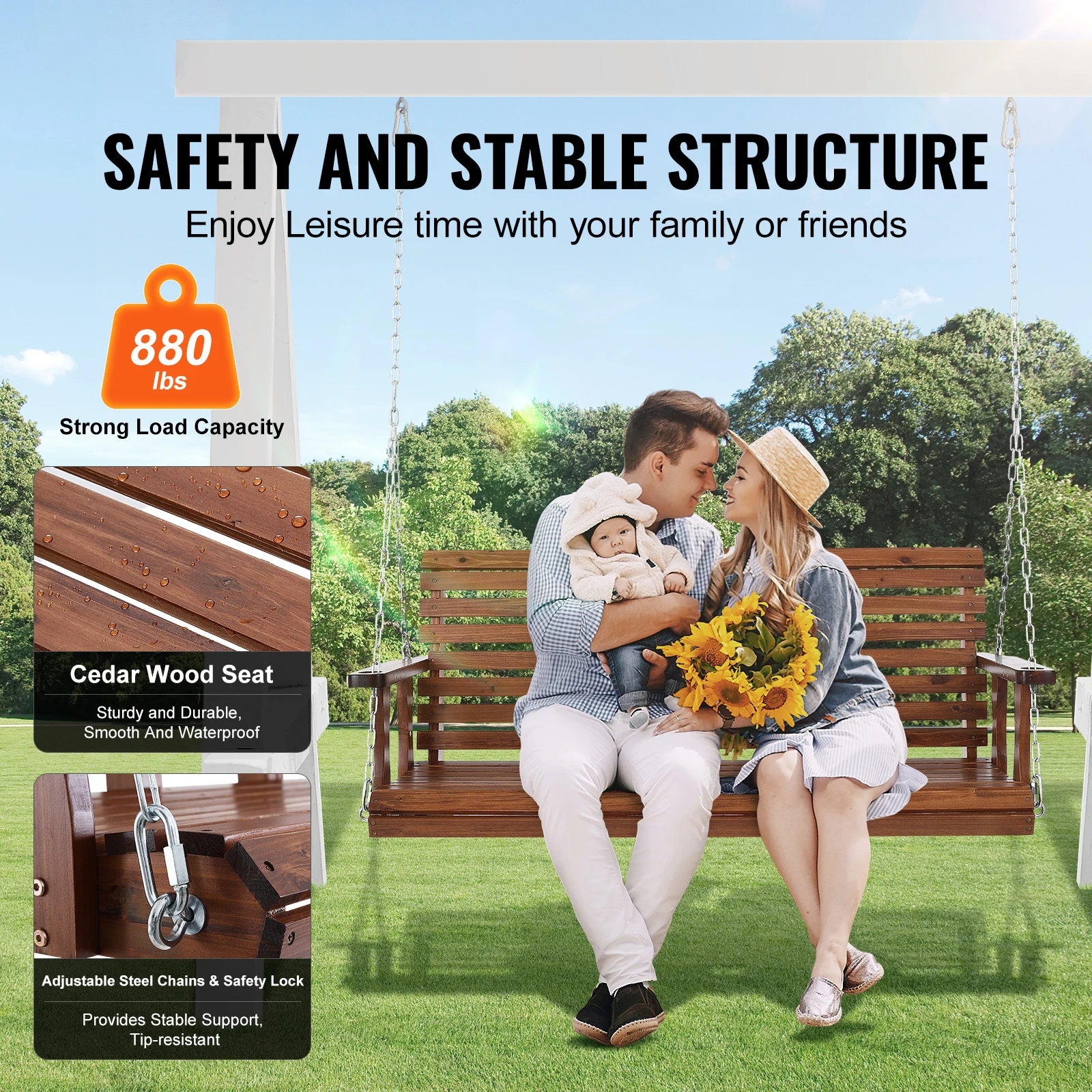 SucceBuy أرجوحة الشرفة الخشبية 5 أقدام فناء مقعد أرجوحة لحديقة الفناء ترقية 880 رطل قدرة تحميل قوية كرسي أرجوحة مقعد #2