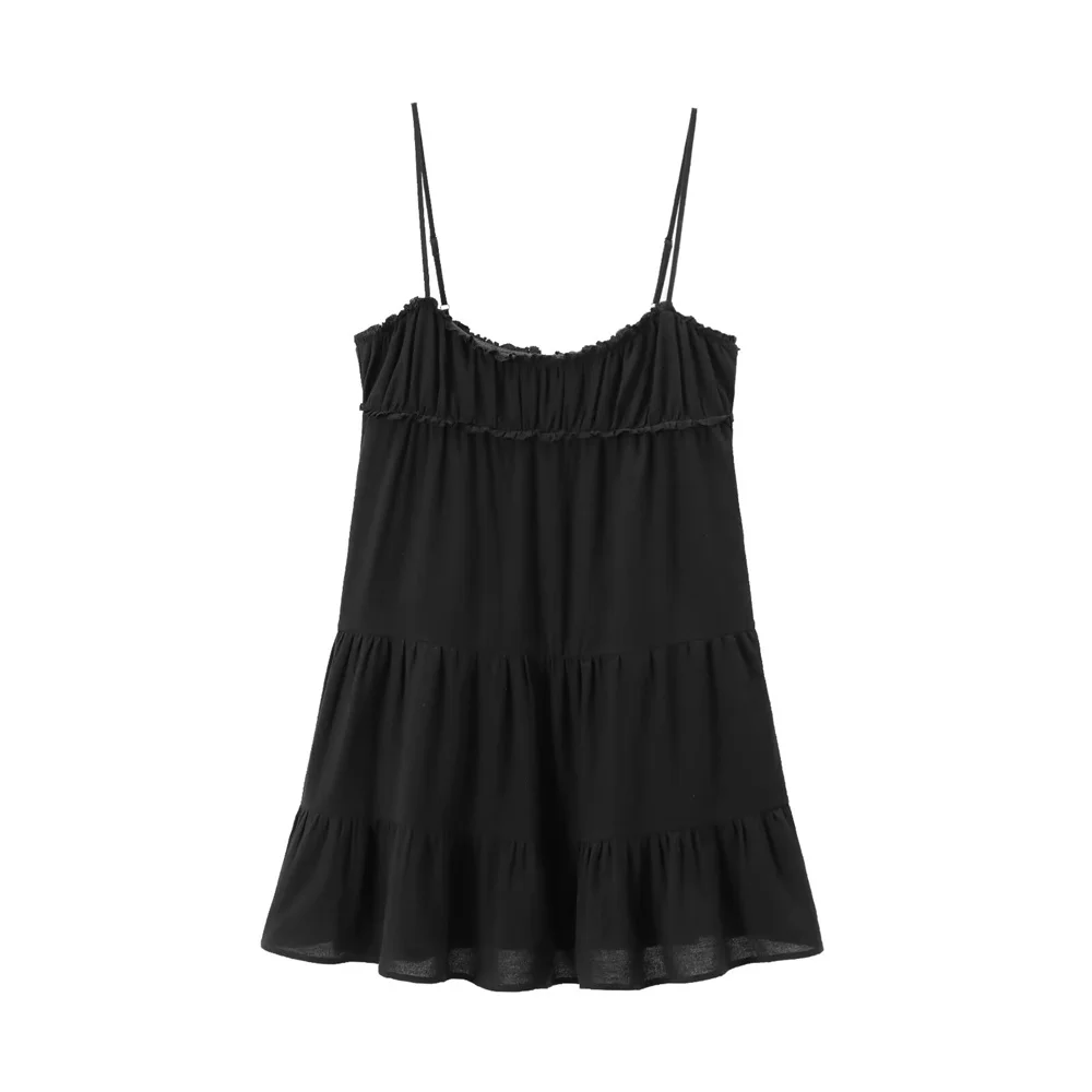 Verão novo produto estilo feminino sem mangas com decote em v sexy midi em camadas emenda cinta vestido saia curta