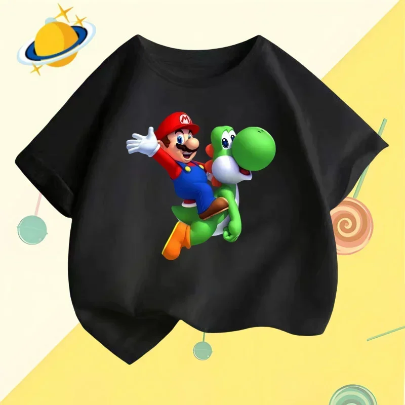 2024 Summer Cotton T-shirt Casual Sunshine Boys Girls Crewneck top Harajuku Super Mario Games Lively cute kids Brother clothing