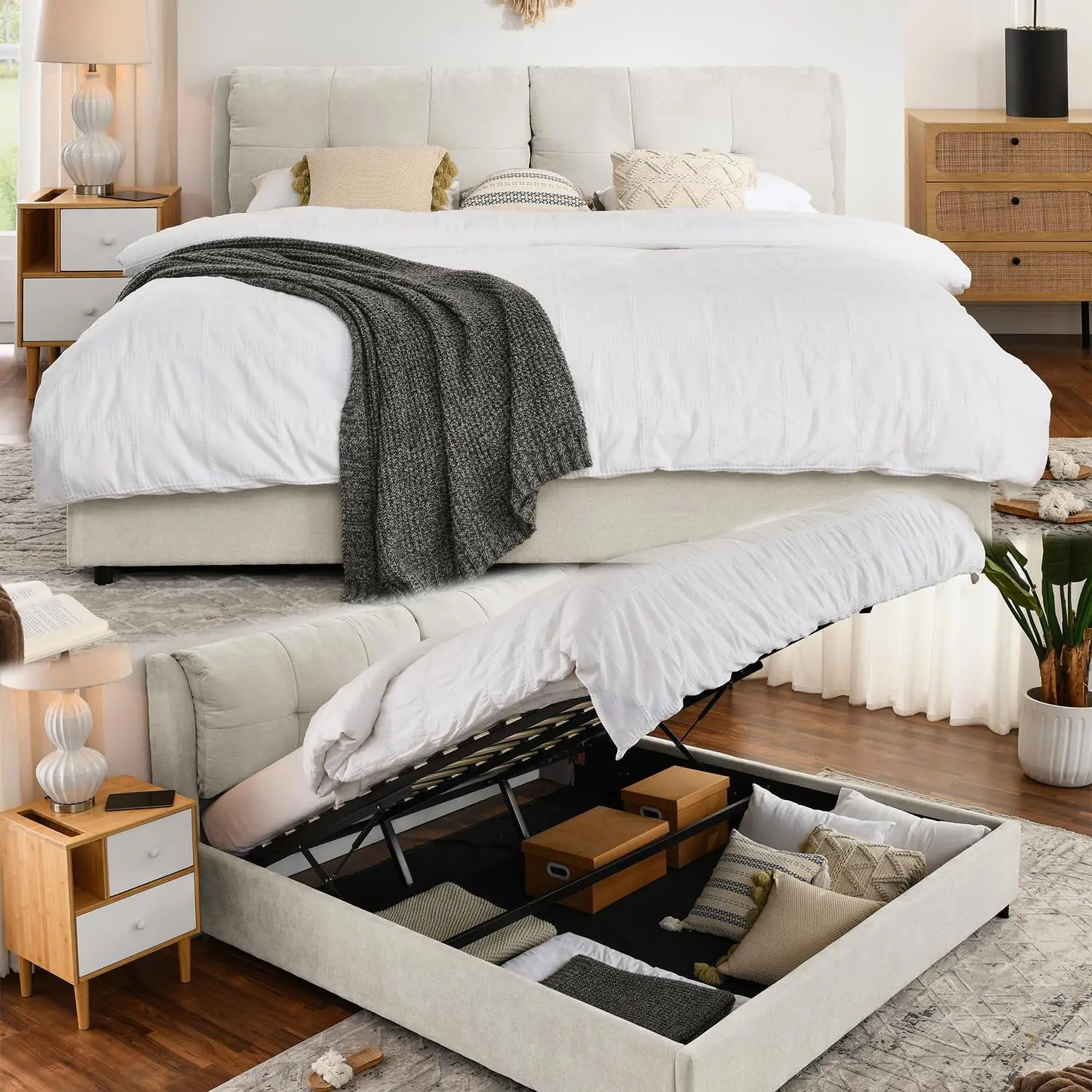 Duży rozmiar nowoczesny rama łóżka podnoszony ze zintegrowanym zagłówkiem szenilowym, łóżko z pełnymi bokami hydrauliczny tapicerowany do przechowywania