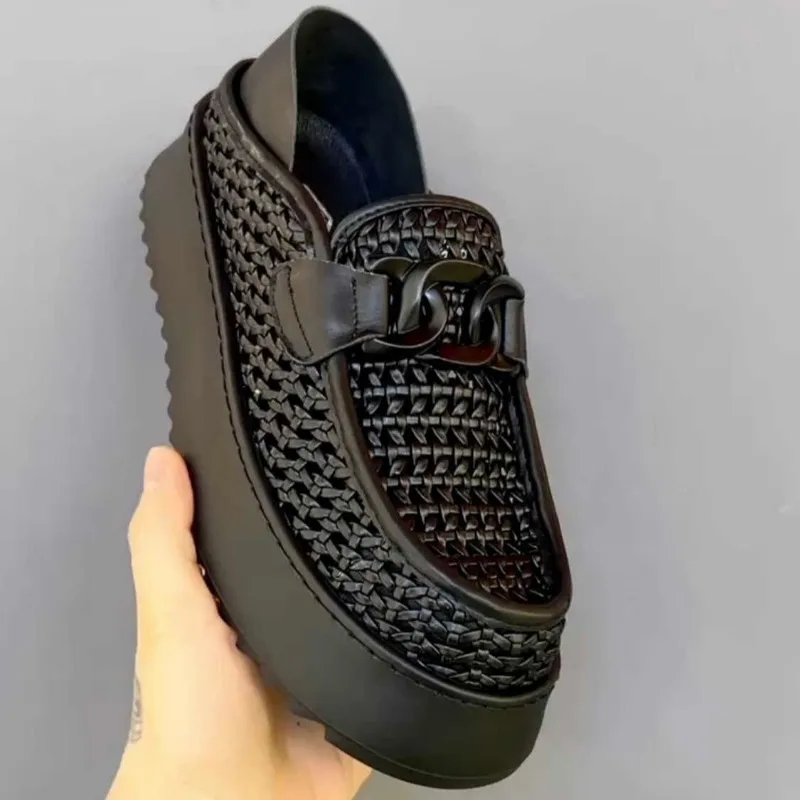 Men's Shoes 2026 New Thick Soled Height Increasing Trend Breathable Loafers Fashion Retro Weave Versatile Platform Casual Shoes